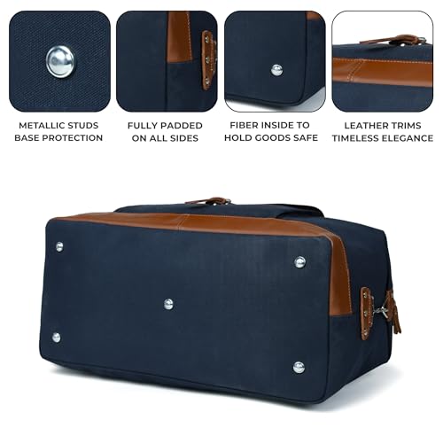 Image of Genuine Leather Large 40L Canvas Weekender Travel Duffle Cabin Bag with Detachable Shoulder Strap for Men and Women Overnight Sling Bag (Blue)