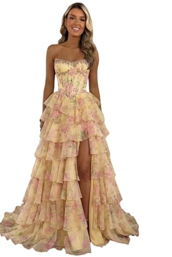 SWEMILE Womens Prom Dress Floral Print Tiered Sweetheart Chiffon Formal Evening Party Gowns with Slit Dark Yellow L