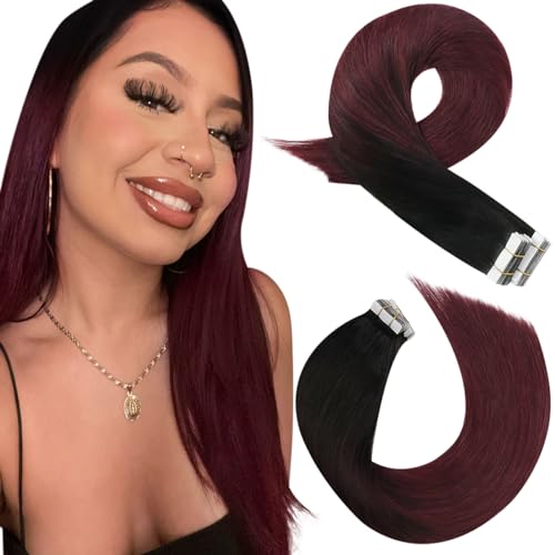 Moresoo Ombre Wine Red Tape in Human Hair Extensions, 12 Inch, 20 Pcs, 30g