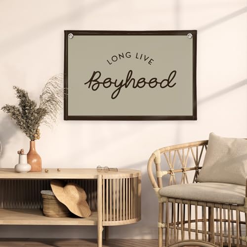 Image of Vintage Boys Room Decor Long Live Boyhood Linen Banner,Nursery Playroom Wall Decor Hanging Flag Banner, Kids Bedroom Living Room Dorm Toddler Decorations Trendy Room 30x20 boyroom