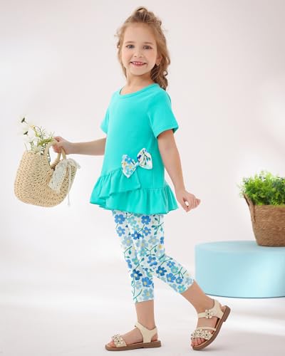 Toddler Girl Clothes 2-8Years Girls Outfit, Short Sleeve Ruffle Bowknot Top+Floral Capri Pants 2Pcs Spring Summer Set2
