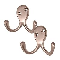 H-Smart 2 x Satin Nickel Double Coat Hooks, Door & Wall Robe Dress Garment Hangers Strong Metal Coat Hooks, Screw in Modern Coat Hooks Wall Mounted, Heavy Duty Door Hooks for Bathroom Bedrooms