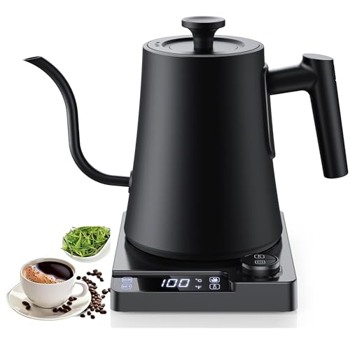 Gooseneck Electric Kettle with ±1℉ Temperature Control & Keep Warm for Pour Over Coffee & Tea, Rapid Boil, 304 Stainless Steel, Built-in Brew Timer, 1200W 1.0L
