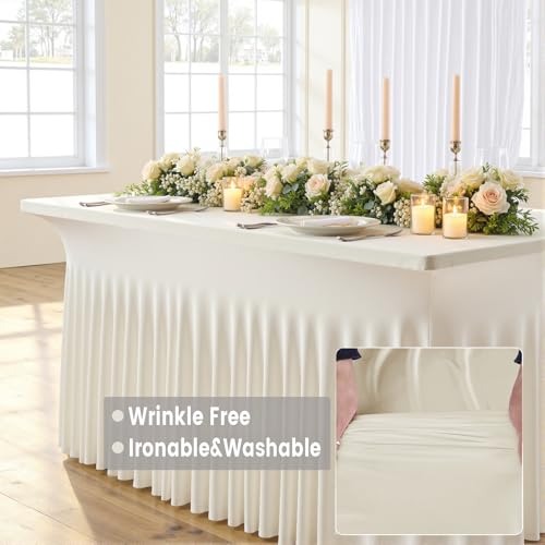 Image of Outpain 8ft Spandex Table Cloth for Standard Folding Tables-4Pack Ivory Table Cloth Table Protector for Party, Wedding, Cocktail, Banquet, Festival