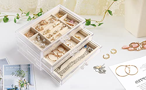 COROID ewelry Box, 3 Drawers Velvet Jewelry Organizer for Ring Earring Necklace Bracelet Display Clear Acrylic Jewelry Storage Case Gift for Women Ladies Girls – Beige