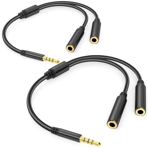 3.5mm TRRS Splitter for 2 Headphones 1FT 2-Pack, Dual Support Audio & Mic, 3.5 mm Aux Jack Cable 1 in 2 out, Double 1/8