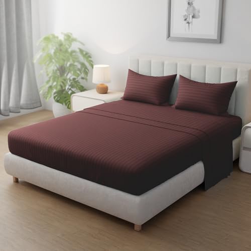 Hotel Linen Klub Striped Microfiber Fitted Sheet Set - Super King (200 x 200 cm) + 2 Pillowcases (50 x 75 cm) Premium Durable Quality and Deep Pocket for a Perfect Fit Chocolate