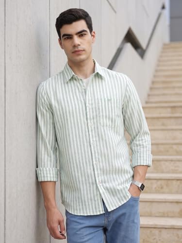 Image of Thomas Scott Men's | Stripes | Full Sleeve | Regular Fit | Linen Blend | Spread Collar | Casual Shirt