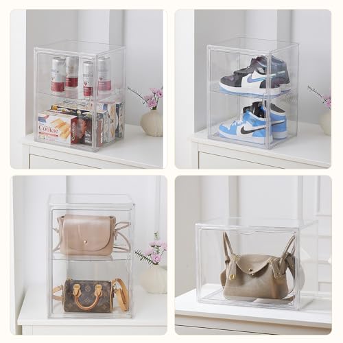 Image of 4 Tiers Clear Acrylic Display Case, Plastic Storage Bins with 3 Adjustable Divider and Magnetic Door,Stackable Display Box for Figures Showcase (XXL-4 Tier-1 Pack)