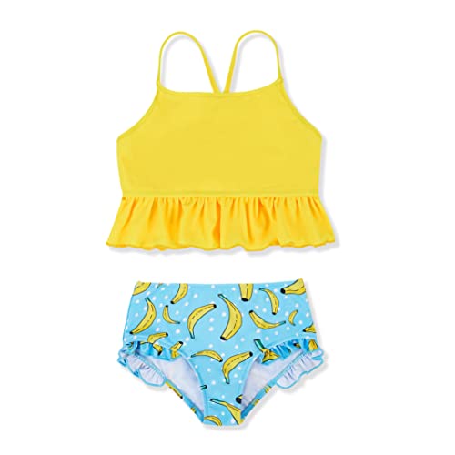 Mafulus Girls 2 Pcs Swimsuit Ruffle Cute Print Adjustable Spaghetti Strap Quick Drying Kids Bathing Suit 5-14Years Yellow #TOP22