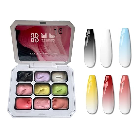 Bolt Bee Professional 9-Color Patting Gel Set for Ombre and Aura Nails, Soak-Off UV LED Nail Art Kit with Gradient Effects, Salon Quality (White, Yellow, Green, Pink, Purple, Black, Nude, Red, Sky Blue(7))