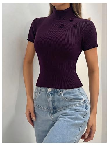 MakeMeChic Women's Turtleneck Short Sleeve Sweater Knit Fitted Knit Sweater Top3