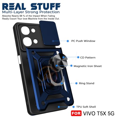 Image of Armor Bumper Back Cover Case for iQOO Z11X / Vivo T5X / Vivo Y51 Pro 5G | Rotating Camera Cover, Ring Holder & Kickstand | Heavy Duty & 360 Degree Protection Back Cover (Blue)