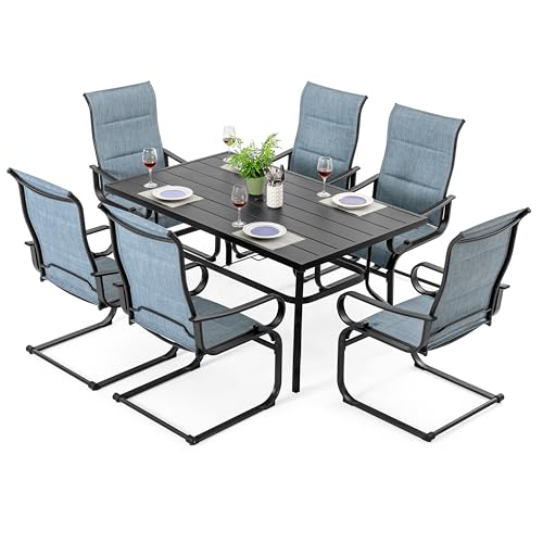 Image of NUU GARDEN 7PCS Patio Dining Set with 1.6 Inch Umbrella Hole Powder-Coated Metal Frame Outdoor Furniture with 6 Padded Textilene C-Spring Chairs and Table for Backyard Garden Poolside Lawn Black Blue
