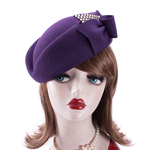 Ladies Rhinestone Teardrop Fancy Wool Fascinator Cocktail Pillbox Cap Hat A254 (Purple)