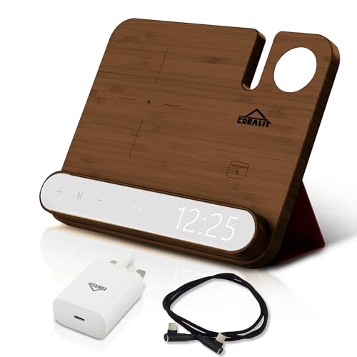 Apple Wireless Charging Station 3 in 1 with Clock & 30W Adapter–Qi Charger for iPhone 8–16, Apple Watch, AirPods–Compatible with Samsung–Bamboo/Walnut Wireless Charger (Walnut)