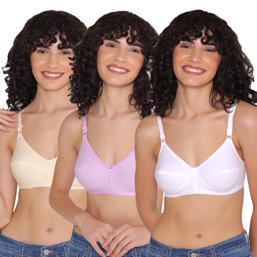 Image of INKURV Cotton Hosiery Bra for Women's Daily use, Full Coverage Bra for Regular wear, Non Padded, Non Wired Everyday Bra with Rich Cotton-Zoe Combo of 3