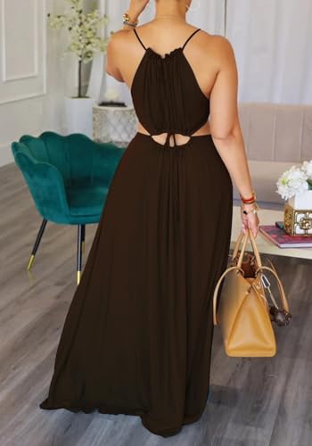 Image of Unybwonn Womens Summer Dress Spaghetti Strap Halter Sleeveless Sexy Cutout Boho Maxi Sundress Beach Vacation Dresses