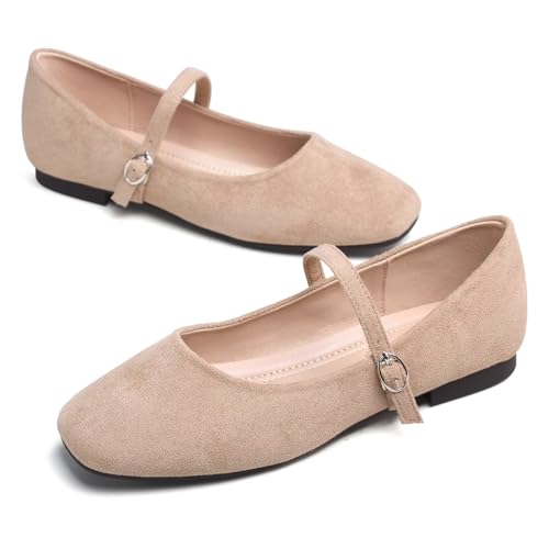 Image of TN TANGNEST Leather Flats for Women Retro Mary Jane Flats | Comfortable Square Toe Slip On Flats with Buckle Strap, Soft Work Flats Office Shoes