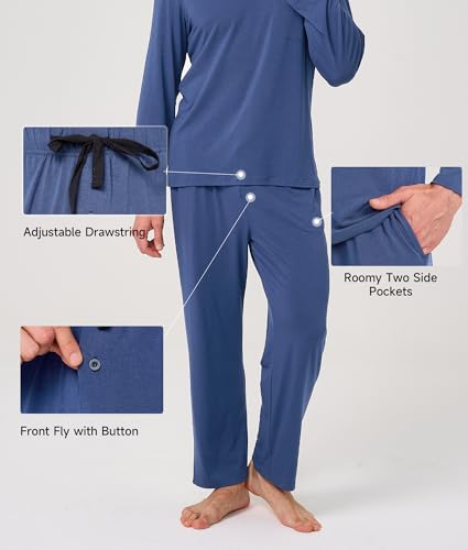 Image of BAMBOO COOL Mens Pajama Set Bamboo Viscose Soft Pijamas Sets for Men Long Sleeve Full Length Pants Pjs Sleepwear with Pockets