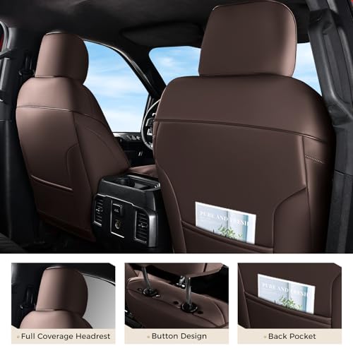 Image of Coverado Premium Leather Front Seat Covers Waterproof Heavy-Duty Protectors Custom Fit for Ford F150 (2015-2026) F250 /F350 /F450 (2017-2026)-Brown, Vintage Style, Scratch-Resistant