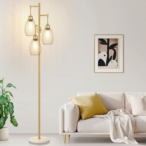 Image of Dimmable Floor Lamp,3x800LM LED Bulbs Included, Farmhouse Industrial Floor Lamp Standing Tree Lamp with Teardrop Cage Head Tall Lamp for Living Room Bedroom Office Dining Room - Gold & Marble Base