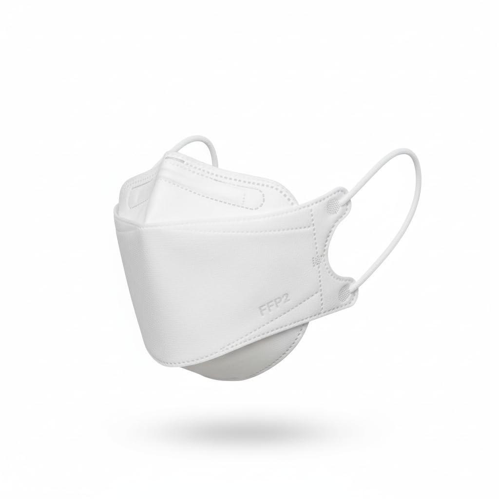 FFP2 Lot de 20 masques blancs en forme de poisson - Fabriqué en Allemagne - Certifié CE - Boucles d'oreilles souples - Bande élastique - Masque respiratoire - Masque de poisson