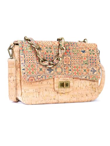 Women's Cork Crossbody Shoulder Bag with Chain Strap, Portuguese Tile Print, Natural Cork Material, 11W x 3.5D x 8H inches