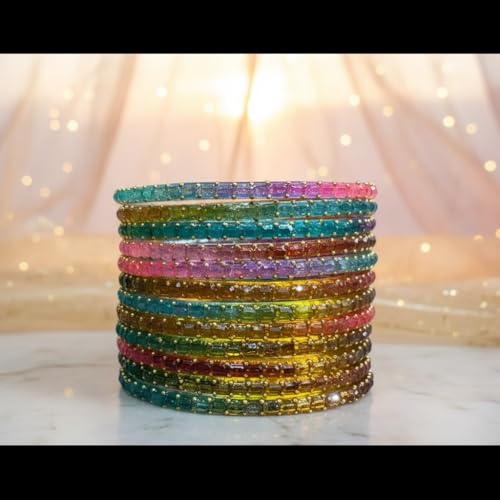 Image of SUNDRAM Raindrop Glass Bangles Set for Women & Girls, Transparent Crystal Kanch Ki Chudi for Wedding & Party, Set of 12