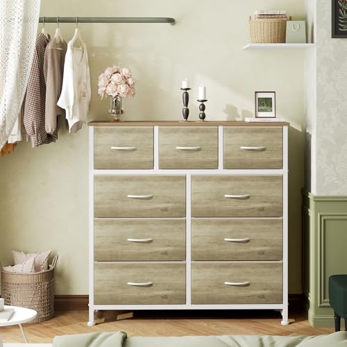 Image of OLIXIS 9 Drawer Tall Dresser for Bedroom, Closet Organizers and Storage | Fabric Dresser with Wooden Top, Chest of Drawers for Clothes Storage, Tower Cabinet, Furniture, TV Stand, Oak Greige