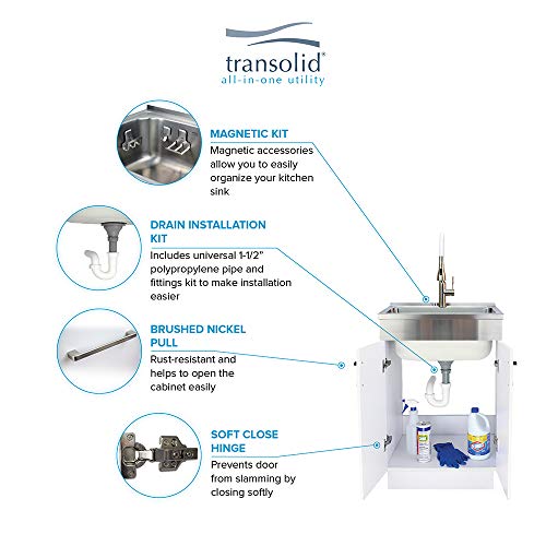 Image of Transolid 18-Gauge Stainless Steel Laundry Sink with Pre-Assembled Shaker Apron-Front Cabinet, High-Arc Faucet, Magnetic Kit, and Drain Kit, 24 x 20 x 34.6 in in White, TCAM-2420-WS