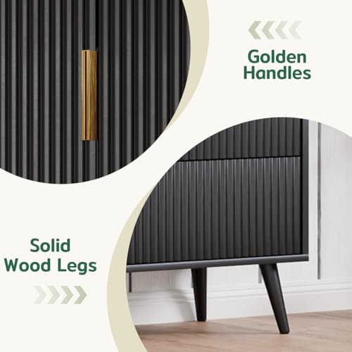 Image of Fluted Tall Cabinet, Kitchen Pantry Cabinet with Adjustable Shelves, Wood Cupboard with 3 Drawers 2 Doors, Mid Century Modern Cabinet for Living Room Dining Room Entryway Office, Black