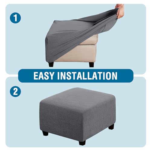 Image of H.VERSAILTEX Square Ottoman Covers Ottoman Slipcovers Folding Storage Stool Furniture Protector Form Fit with Elastic Bottom, Stretch High Spandex Small Checks Jacquard Fabric(Medium,Grey)