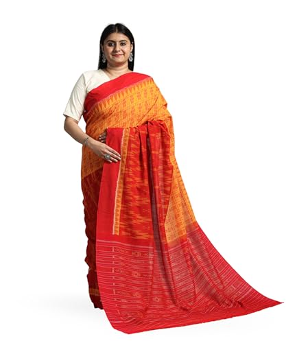 Image of Ikat Women's Pure Cotton Saree Traditional Craftsmanship Double Ikat Weaving Floral Handmade Ethnic Saree without Blouse Piece