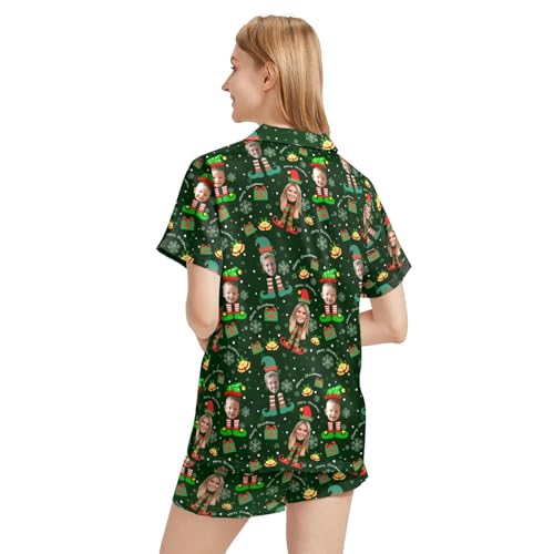 Image of Funny Satin Pajamas Set for Women Button Down Sleepwear Print Pjs Set 2 Piece Short Sleeve Loungewear Gift for Women