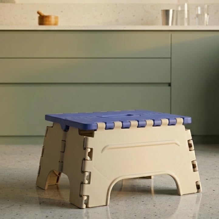 Image of U-MAX 7 Inch Folding Stool - Compact, Portable Step Stool for Kids & Adults, Lightweight Plastic Design, Slip-Resistant, Ideal for Kitchen, Bathroom, Camping & Travel (Blue / 7 inch)