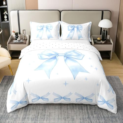 Castle Fairy Blue Bowknot 100% Nature Cotton Bedding Set (No Filler) Twin Size Cute Ribbon Bow Tie Knot Duvet Cover with 1 Pillow Sham Sweet Princess Style Comforter Cover Set 2 Pcs