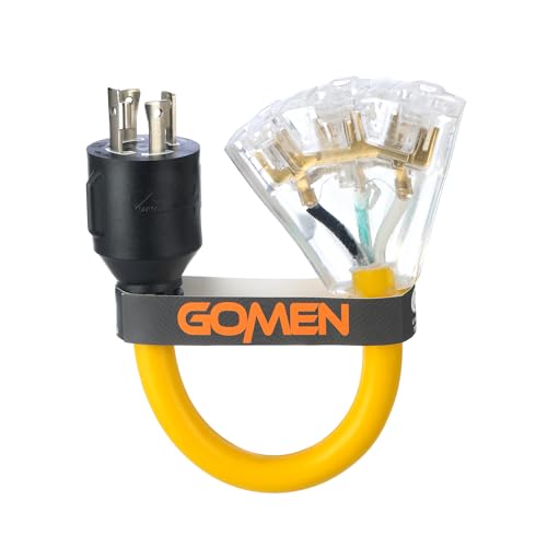 GOMEN 12 Inch 30 Amp to 110 Adapter, 4 Prong 30 Amp to 15 A Generator Adapter Cord with Twist Lock, 10 Gauge STW, NEMA L14-30P Male to 3X 5-15R Female with Lighted End, 1 FT