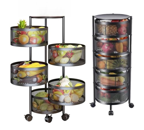 SKY-TOUCH 5 Tier Kitchen Storage Shelf Rotatable Fruit Vegetable Basket Circular Rotating Basket Large Storage Rack with 4 Movable Wheels