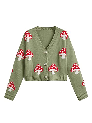 Sweatyrocks Women's Long Sleeve Plaid Button Front V Neck Soft Knit Cardigan Sweaters Mushroom Green L #TOP24