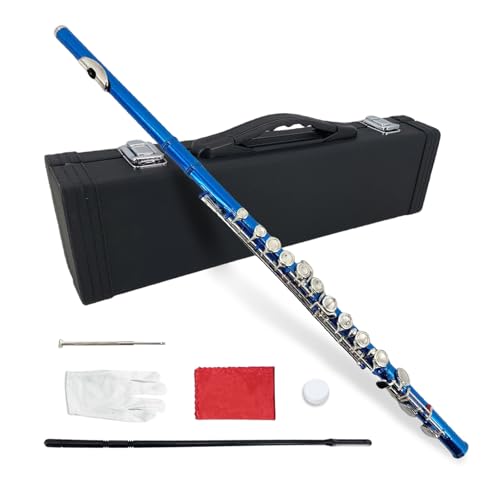 Vetimobato 16 Key Closed Hole C Flute for Beginners, Students, Adults – Silver Plated Nickel Flute with Carrying Case, Cleaning Kit, Tuning Rod, Gloves – Lightweight, Durable & Easy to Play (Blue)