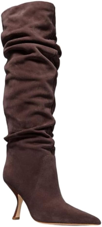 Erocalli Tall Long Boots for Women Suede Knee High Fall Pointed Toe Side Zipper Kitten Heel Slouch Chocolate Brown Winter