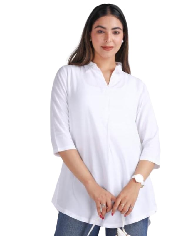 Image of Mlada Rayon Flare Top for Women | 3 /4th Sleeve Regular Fit and Flare Top | Women Office Tops Tunic | Western Long Shirt Top for Women | Shirt Collar Top for Women | Rayon Tunic Tops for Women Western