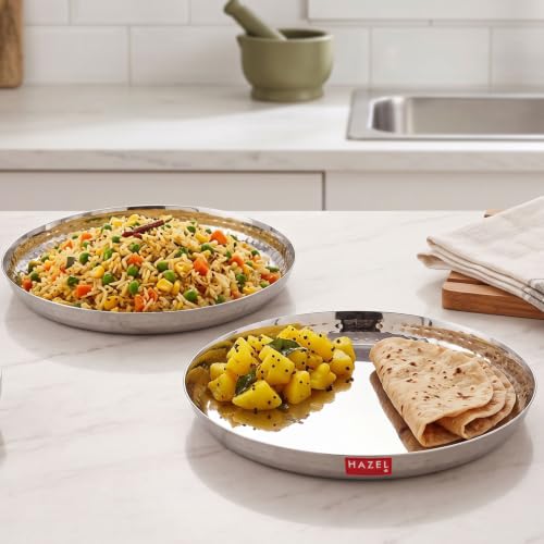 Image of HAZEL Stainless Steel Lunch Plate, Set of 2, 23cm | Hammered Thali Plate