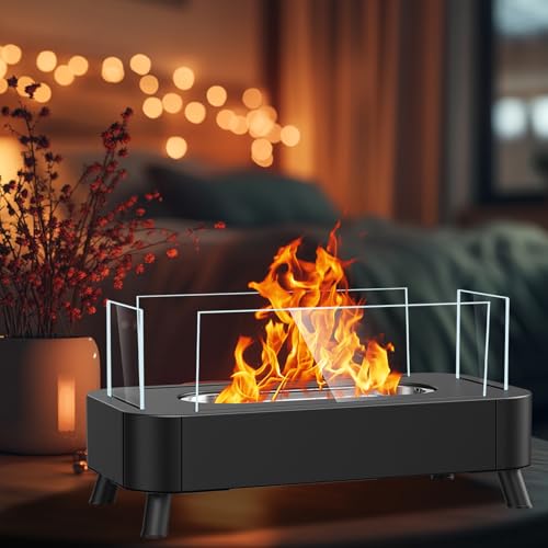 Tischkamin Ethanol Für Indoor, Sentasi Upgrade Kamin Mit 4-Seitigem Glas, Bioethanol Mit Lagerfeueratmosphäre, Gemütliche Atmosphäre Tischfeuer,Tisch Feuerstelle (Schwarz)