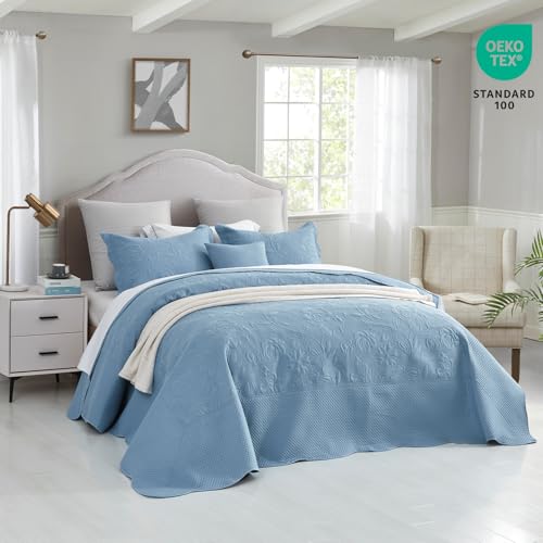 Image of CHIXIN Bedspread Coverlet Quilt Set Full Size - Lightweight Bedding Cover - Ultrasonic Quilting - 5 Piece Reversible Bedspread - Vintage Rose Pattern (Full, Ashley Blue)