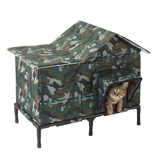 Outdoor Cat House Weatherproof with Ice Pack Cooling Pocket Insulated & Waterproof Feral Cat Shelter Foldable Pet House with Elevated Base Windproof for Winter & Summer