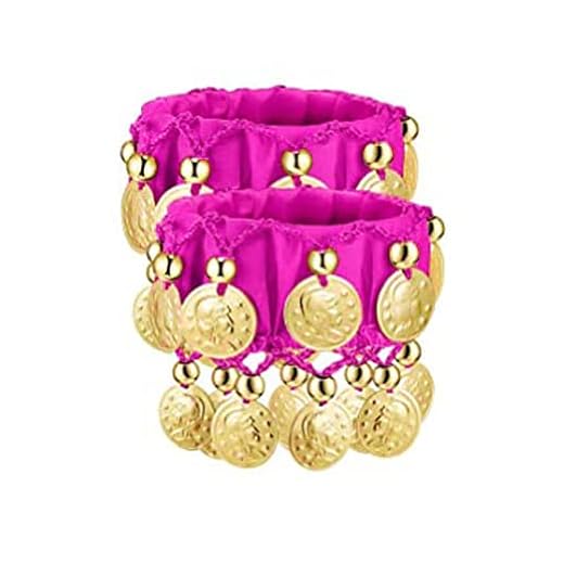 Pareja de pulseras con monedas para bailar danza del vientre o disfrazarse de bailarina oriental (Fucsia/Dorado)