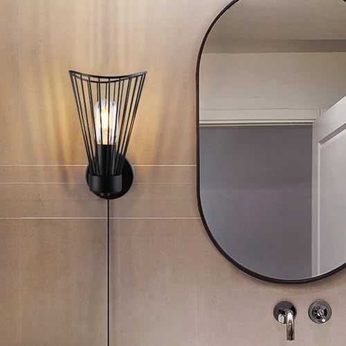 Image of Plug in Wall Sconce Indoor Large Modern Wall Sconces Farmhouse Wall Lamp with Plug in Cord Vintage Black Wall Lights with On /Off Switch Wall Light Fixture for Living Room Bedroom Rustic
