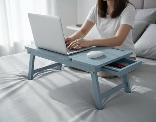 Image of Foldable Wooden Laptop Table for Bed & Sofa | Adjustable Laptop Desk with Tilt Top Cup Slot Drawer | Ergonomic Study Work Table for Home Office Reading Writing Use (Blue)